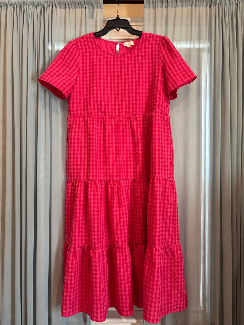 Pink gingham tiered, short-sleeved, maxi dress by Orange Creek